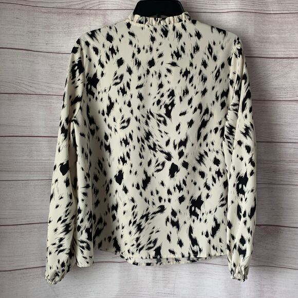 White with Black Spots Blouse Long Sleeve Round Ruffle Neck Bishop Billow Sleeve - Picture 6 of 15